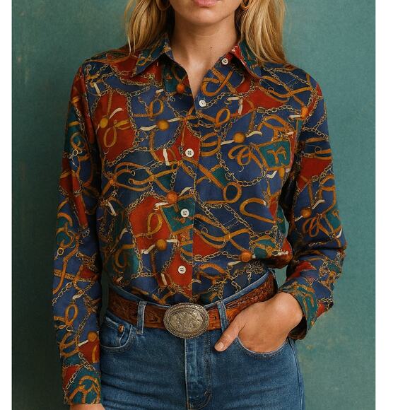 Vintage 1990s Equestrian Chain Horse Rider Blouse Solemare Maus & Hoffman S - Picture 1 of 5